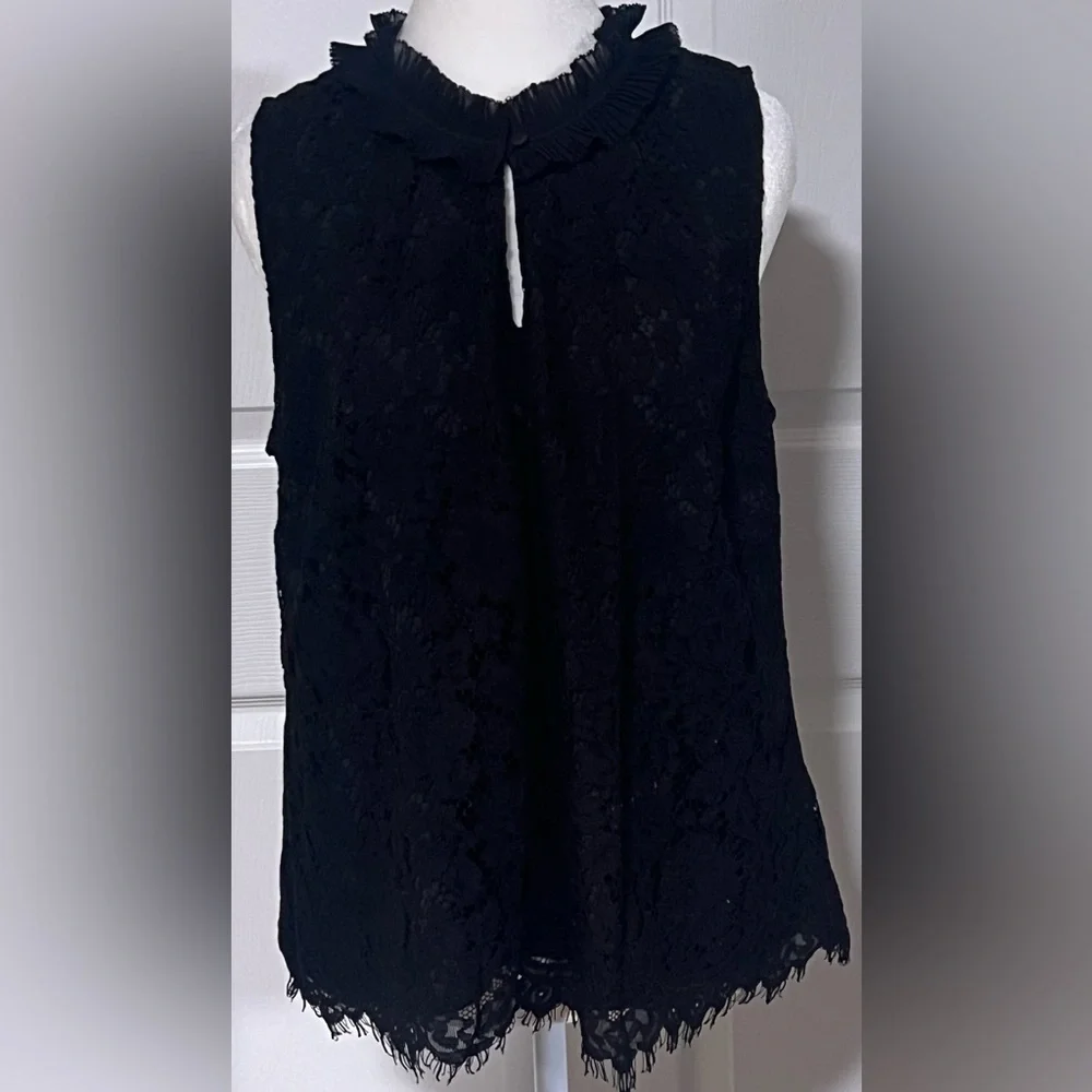 Women's J. Crew Black Lace Floral Ruffle Neck Sleeveless Blouse